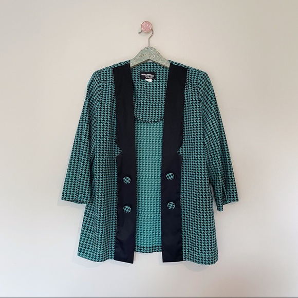 Vintage Whirlaway Teal Houndstooth Chiffon Blazer Jacket - Picture 1 of 6